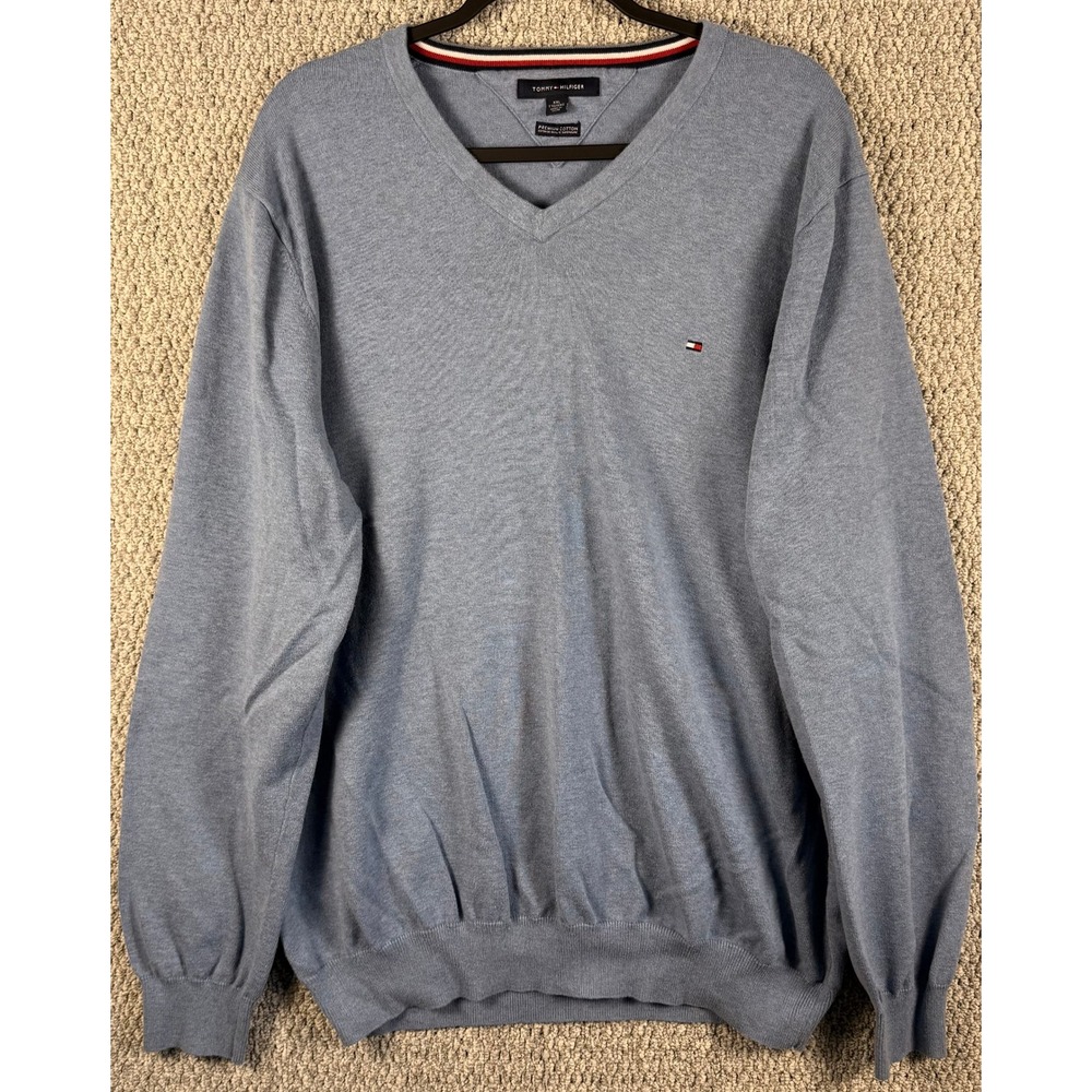 Tommy Hilfiger V-Neck Sweater XXL Blue Premium Cotton Pullover Logo Preppy Mens
